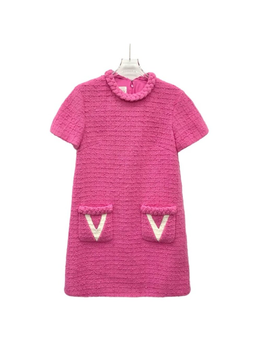 Valentino Fuchsia Wool Cable-Knit Tweed Short-Sleeve Dress